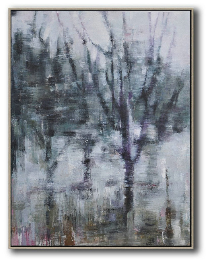 Large Abstract Painting,Abstract Landscape Painting,Hand Painted Abstract Art White,Dark Green,Grey,Purple